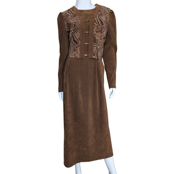 Vintage Faux Suede Paisley Midi Dress 8 Boho Cottagecore Country Prairie Modest - Picture 1 of 5